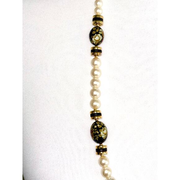 Vintage Japanese Faux Pearl Enamel Floral Beaded Statement Necklace - Picture 5 of 9